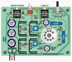 Schemat wzmacniacza audio z elementami elektronicznymi na płytce drukowanej.