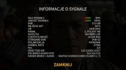Ekran dekodera „Informacje o sygnale” z paskami jakości oraz parametrami SAT i kanału.