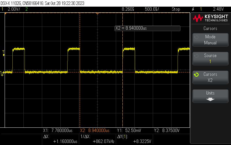Signal Waveform on Oscilloscope Screenshot of a digital oscilloscope displaying a square wave signal.