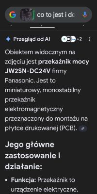 Zrzut ekranu z wyszukiwarki Google z opisem przekaźnika JW2SN-DC24V marki Panasonic