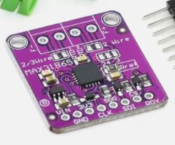 Purple MAX31865 module with labeled pins: VIN, 3V3, GND, CLK, SDI, SDO, CS, RDY
