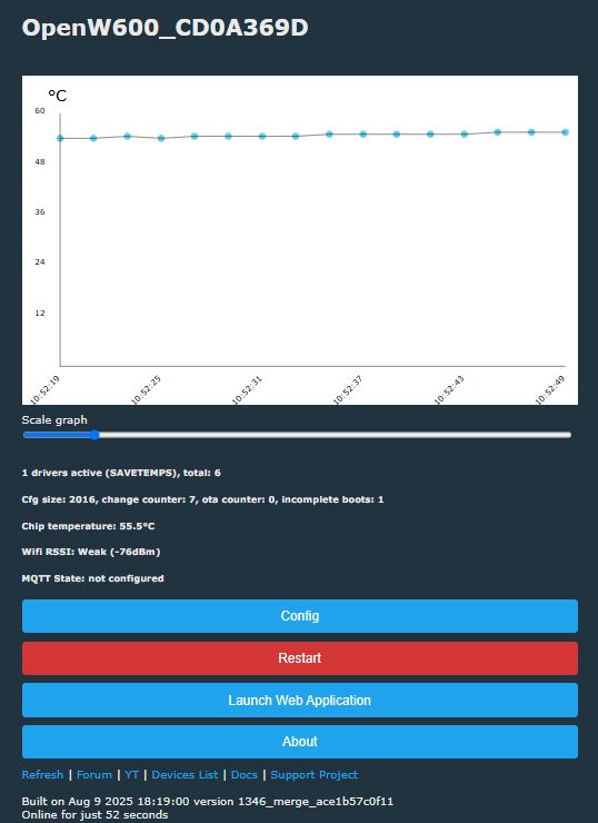 Temperature graph of OpenW600 chip with web configuration interface