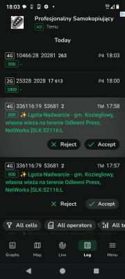 Zrzut ekranu z aplikacji NetMonster z danymi sieci komórkowych i stacji bazowych