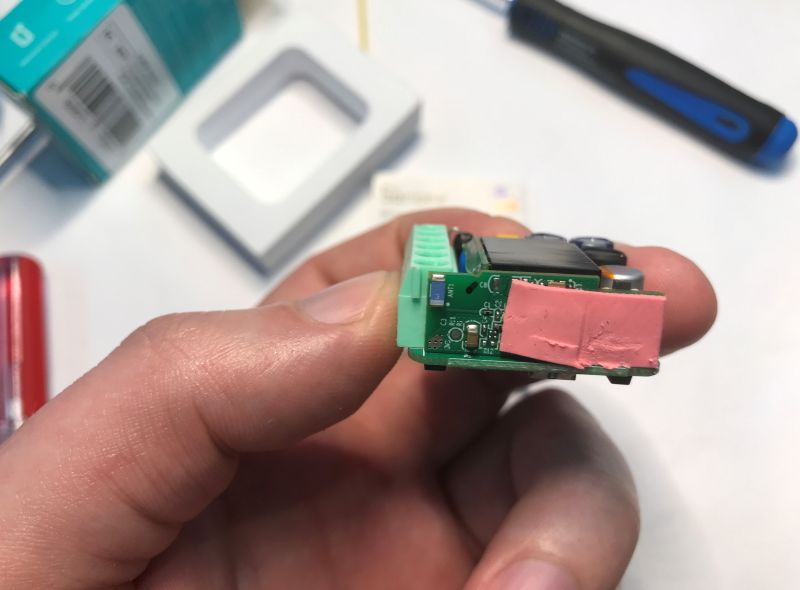 Sonoff MINIR4M PCB with pink thermal pad on ESP32-C3 module