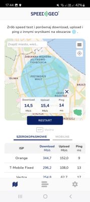 Zrzut ekranu z testu prędkości internetu w aplikacji SpeedGeo, pokazujący wyniki pobierania, wysyłania i pingu dla wybranej lokalizacji na mapie Gdańska.