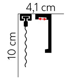 Przekrój maskownicy sufitowej z profilem LED i wymiarem 4,1 cm oraz 10 cm