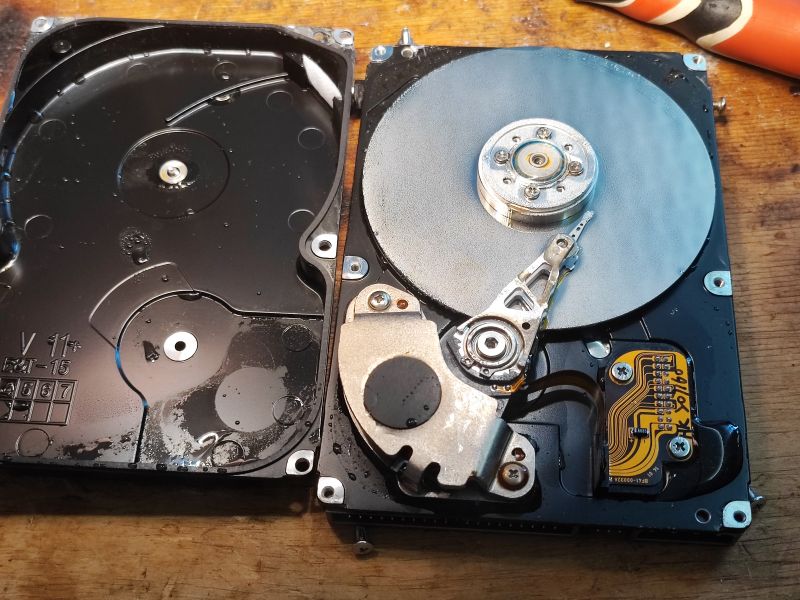 Interior of a Damaged HDD View of the interior of a damaged HDD hard drive.