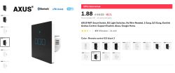 AXUS black WiFi touch light switch with three buttons, shown on a product page with Bluetooth, eWeLink, and Wi-Fi logos.