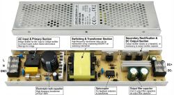 12V 120W LED power supply with open case showing labeled internal components.