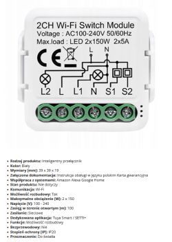 AVATTO WSM16-W2 Dual-Channel WiFi Relay Module White WiFi relay module with two channels, markings, and terminals.