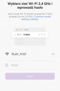 Instrukcja łączenia się z Wi-Fi 2,4 GHz, gdzie wybrano sieć PLAY_9107.