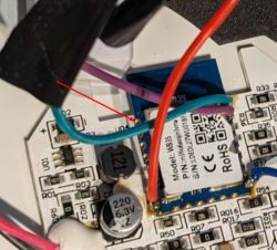 The image shows a circuit board with a WB3S module indicated by a red wire.