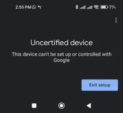 A smartphone screen shows a message about an uncertified device that can't be set up or controlled with Google.