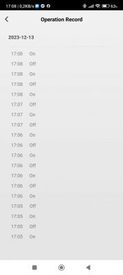 Operation Log in App Screenshot of an app showing a log of on and off operations with date and time.