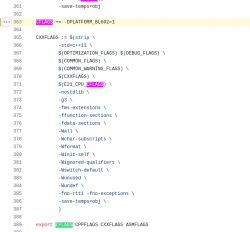 Screenshot showing a fragment of a makefile used in the OpenBL602 project. In line 363, CFLAGS is set to -DPLATFORM_BL6021.