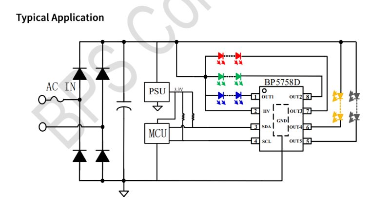 BP5758D LED Driver Application Schematic Application schematic of BP5758D IC showing AC input, power supply, microcontroller, and five LED channels (RGB, warm white, cool white).