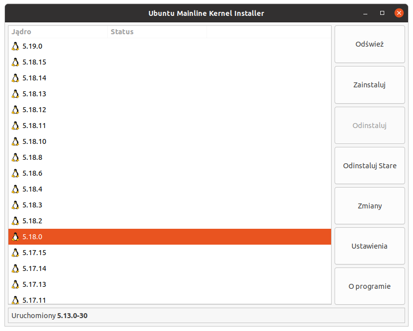 Ubuntu Mainline Kernel Installer z listą jąder Lista jąder w Ubuntu Mainline Kernel Installer z wyróżnionym jądrem 5.18.0