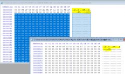 Screenshot showing a comparison of two binary files in a hex editor program.