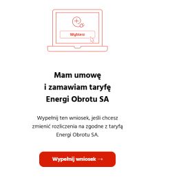 Zrzut ekranu strony Energa z przyciskiem „Wypełnij wniosek” i nagłówkiem o taryfie Energi Obrotu SA.