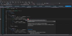 Screenshot of Microsoft Visual Studio with C code marked with an error related to reading characters from a pointer variable.