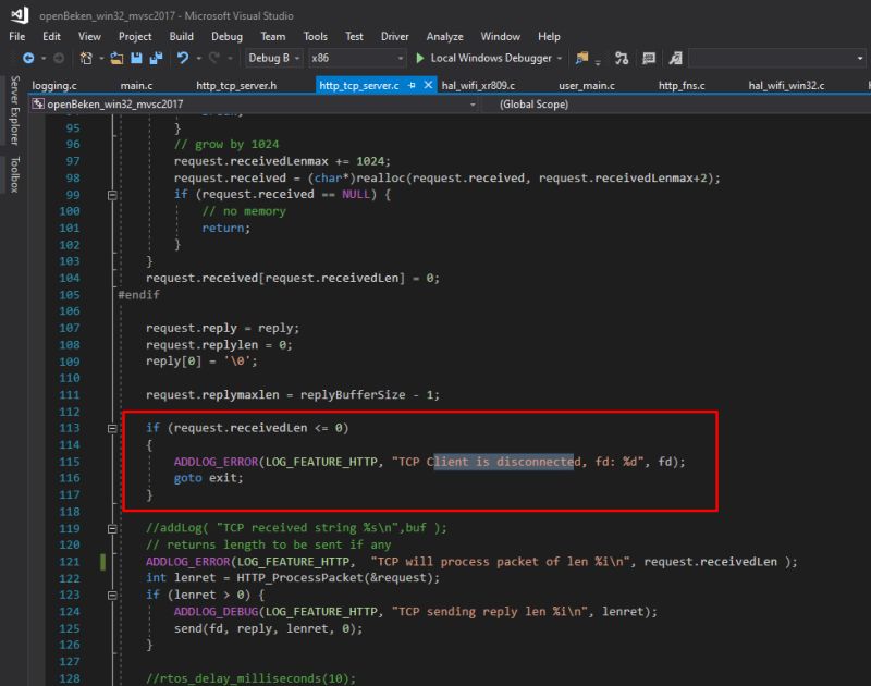 Screenshot of Visual Studio showing C code with an error handling block highlighted in red.