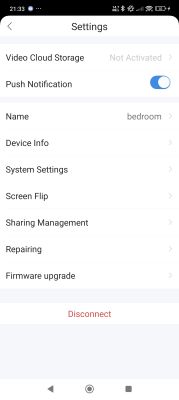 Device settings screen in mobile app App settings menu showing options like push notifications, cloud storage, and device info.