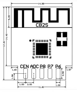 CB2S Board Diagram with Pin Labels Diagram of CB2S board with pin labels and dimensions.