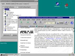 Zrzut ekranu z systemu Windows 95 z otwartym Menedżerem urządzeń i przeglądarką SeaMonkey