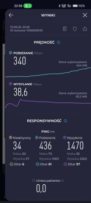 Zrzut ekranu z aplikacji Speedtest pokazujący prędkość 5G: 340 Mbps pobieranie, 38,6 Mbps wysyłanie