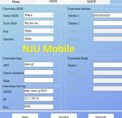 MMS and network configuration interface for NJU Mobile with settings fields and a phone number.