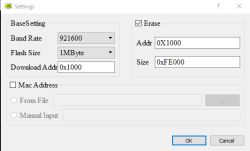 Settings window with options for baud rate, flash memory erase address and size