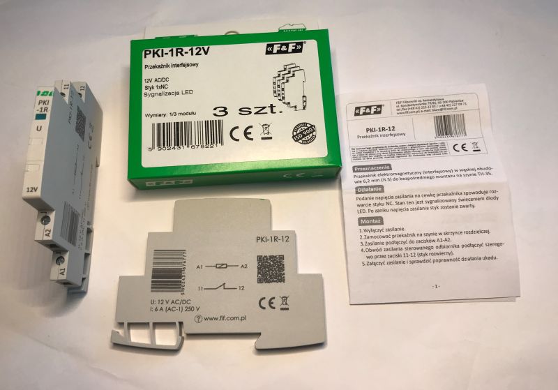 Zestaw przekaźników interfejsowych PKI-1R-12V z instrukcją i opakowaniem