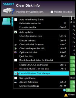 Zrzut ekranu z menu kontekstowego programu Clear Disk Info z opcjami dotyczącymi zarządzania dyskiem SSD.