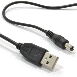 Black cable with USB-A plug and barrel-type DC connector