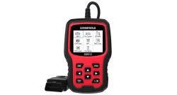Czerwono-czarny tester diagnostyczny MEECTOOLS z wyświetlaczem LCD, widocznym menu i podłączonym złączem OBD-II.