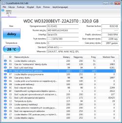 Zrzut ekranu CrystalDiskInfo pokazujący stan dysku WDC 320 GB jako dobry