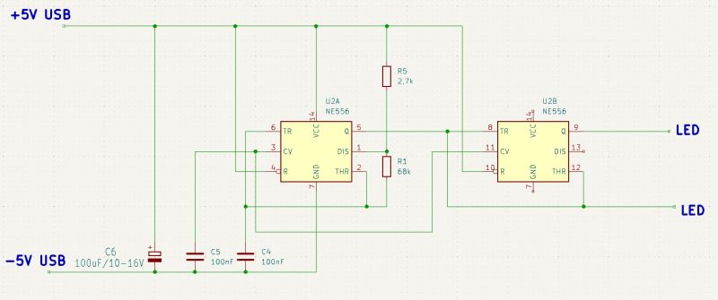 Schemat układu elektronicznego z wykorzystaniem NE556 do generacji fali prostokątnej i odwracania fazy.