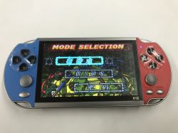 X12 handheld game console in blue and red, showing a “MODE SELECTION” menu on the screen.