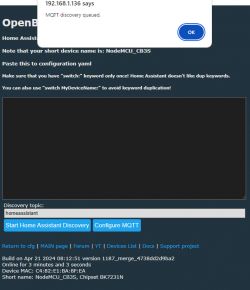 MQTT and Home Assistant Configuration in OpenBeken MQTT discovery in OpenBeken with Home Assistant discovery enabled