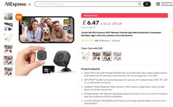 Xiaomi 4K Mini WiFi Camera – AliExpress Product Listing Xiaomi 4K WiFi mini camera with microSD card, displayed on the AliExpress store product page.