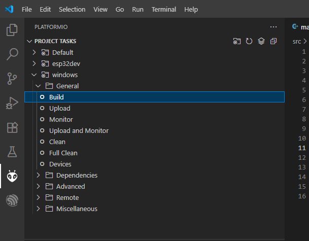 Widok PlatformIO z wybranym zadaniem Build dla środowiska Windows