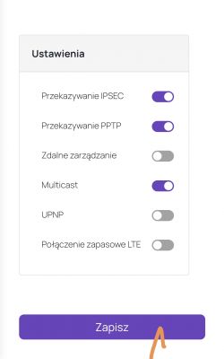 Panel ustawień z kilkoma przełącznikami i przyciskiem Zapisz.