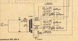 Fragment schematu zasilacza: transformator, mostki prostownicze i kondensatory 2200 µF/40 V