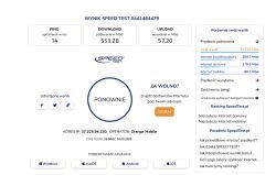 Zrzut ekranu z wynikami testu prędkości internetu Orange, pokazujący wysoki wynik pobierania i wysyłania.