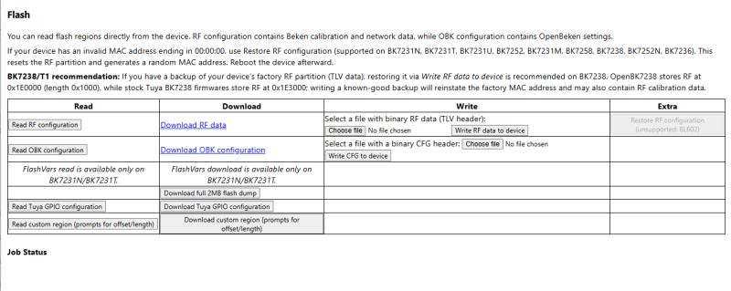 Screenshot of a web app for reading, downloading, writing, and restoring RF/OBK flash data for Beken chips