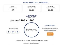 Zrzut ekranu wyniku testu prędkości internetu z detalami prędkości pobierania 32.96 Mb/s i wysyłania 23.82 Mb/s, przy agregacji pasm 2100 i 1800 na urządzeniu T-Mobile Polska.