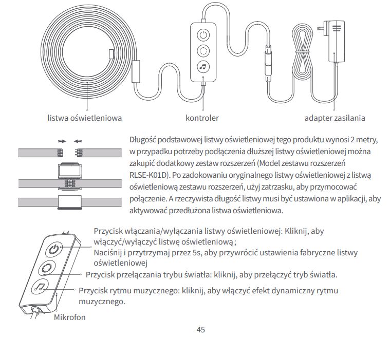 LED Light Strip Setup Diagram with Controller Instructions Diagram showing an LED light strip with a controller and power adapter, plus descriptions of the controller's buttons.