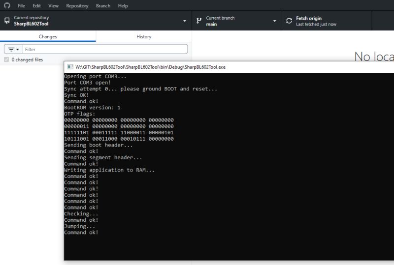Terminal window showing synchronization messages and attempt to send a command to a device.