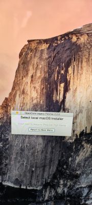 iMac screen with Yosemite 10.10.5 showing OpenCore Legacy Patcher 0.2.2.0 window.