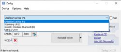 Zadig Program Screenshot – Device Selection Screenshot of the Zadig program showing a list of available USB devices with Unknown Device #1 selected.